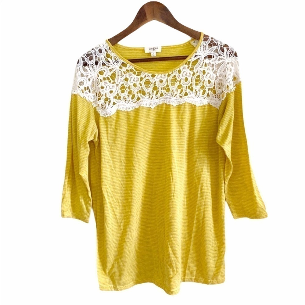 Umgee Flowy Lace Yellow White Boho Striped Blouse